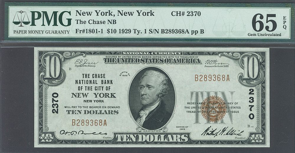 New York, New York, Charter #2370, Chase NB, 1929T1 $10, B289368A, GemCU, PMG65-EPQ